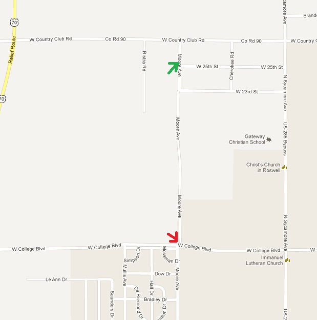 The RED arrow is where I tried to connect with Moore and had to traverse a ditch. The GREEN arrow is where Moore actually becomes a road.